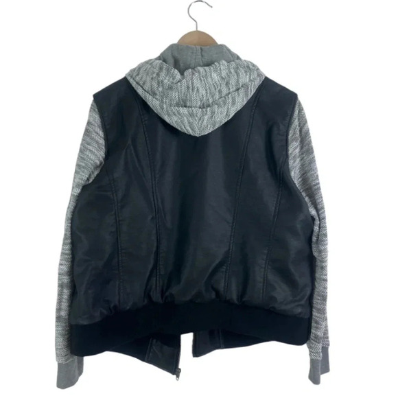 Torrid Black Faux Leather & Marled Grey Terry Bomber Jacket Size 1 Hooded - Picture 3 of 10